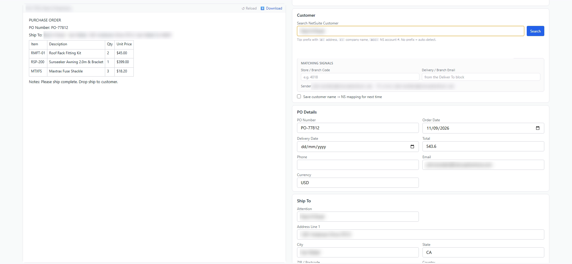APEX review screen showing a customer's purchase order document on the left and the matching extracted NetSuite order fields on the right. Customer name, address and email addresses are blurred.